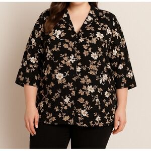 Woman Floral‎ Blouse 18W/20W Black Beige 3/4 Sleeve Plus Size Kathy Lee Lq